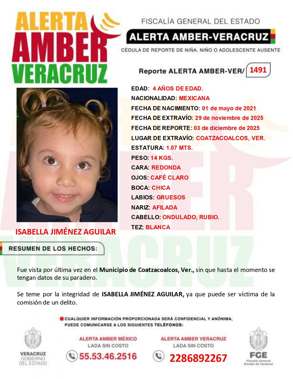 Activan Alerta Amber  por desaparición de niña en Coatzacoalcos