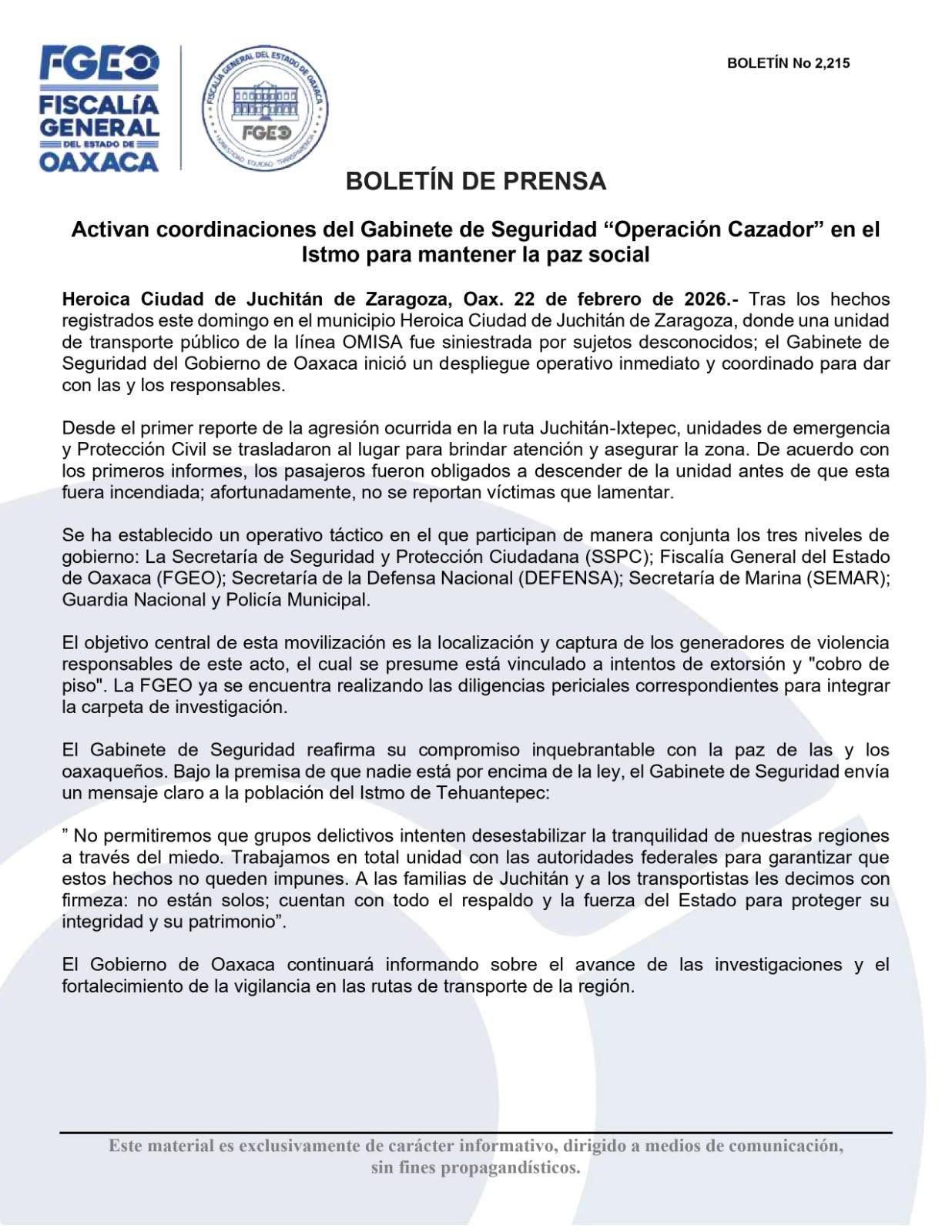 Activan “Operación Cazador” en el Istmo tras quema de unidad de transporte en Juchitán